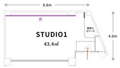 【スタジオ１】川崎駅8分／広さ43.4㎡、鏡幅7.3mの中型レンタルスタジオ／ダンスの練習や各種教室利用に最適の間取り図1